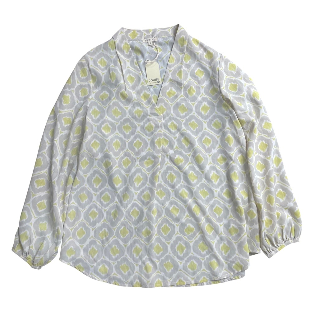 JODIFL Womens‎ Small V-Neck Long Sleeve Ikat Geometric Blouse Yellow Grey NEW